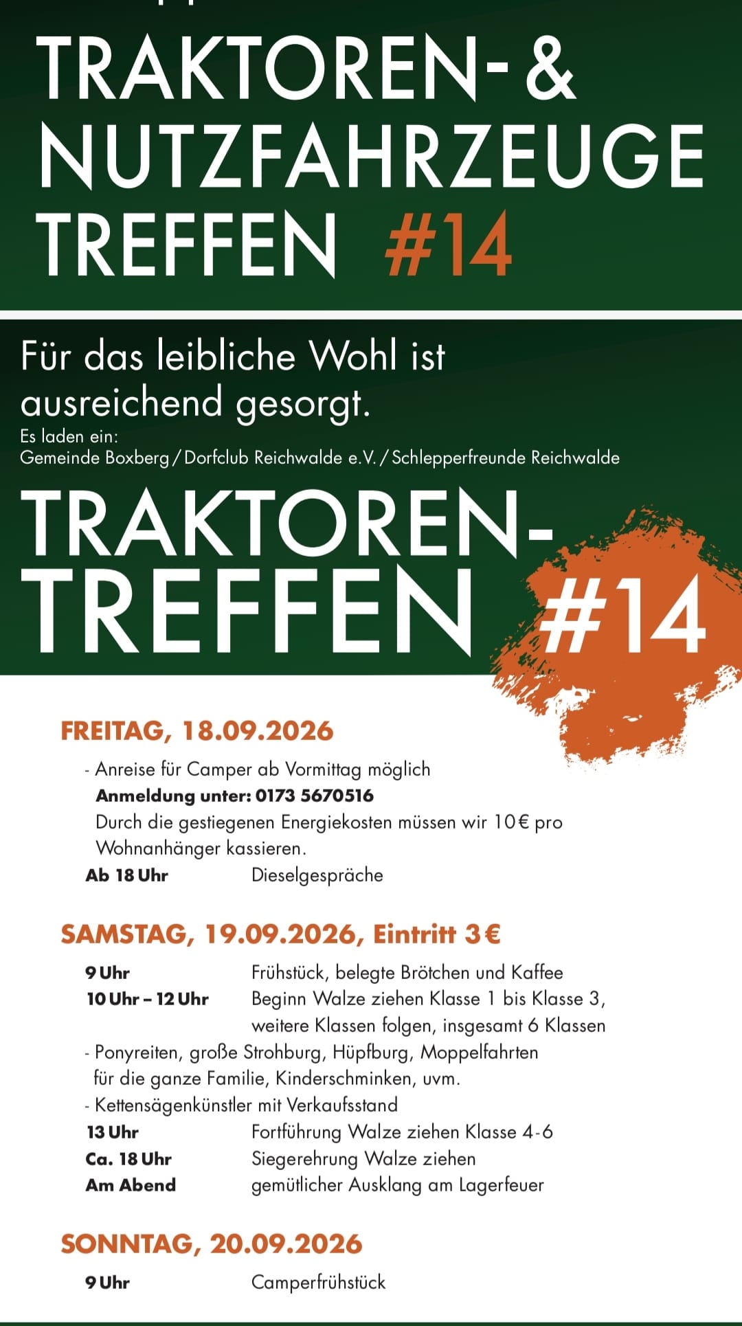 Plakat zum Traktoren- und Nutzfahrzeugetreffen #14 am 19.09.2026 auf dem Festplatz Reichwalde